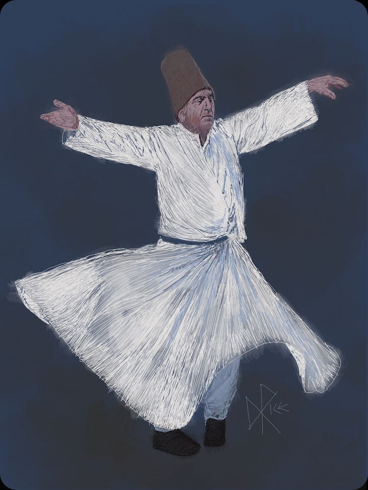 Whirling Dervish #toospinnyforme #yourimpactontheworldissignificant #theuniverseisawhirlingdervish Dancing dervish, arms out and feet at angles as he spins in place, robe hem waving with centrifugal energy. Sketch art by Don Rice.