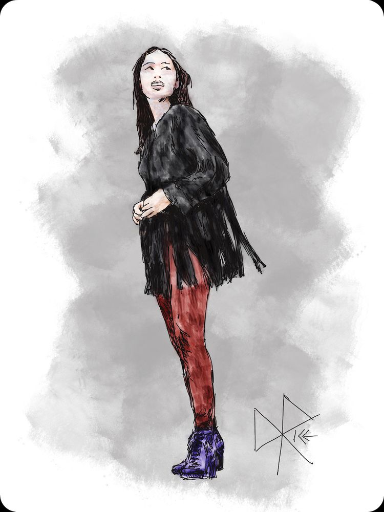 Woman in a Fringed Shirt
#onthefringes #ihaveaconfidenceaboutmylife #wearenotmythsfromthepast
A woman standing tall - wearing a dark fringed shirt, red tights and high heeled boots. Sketch art by Don Rice.