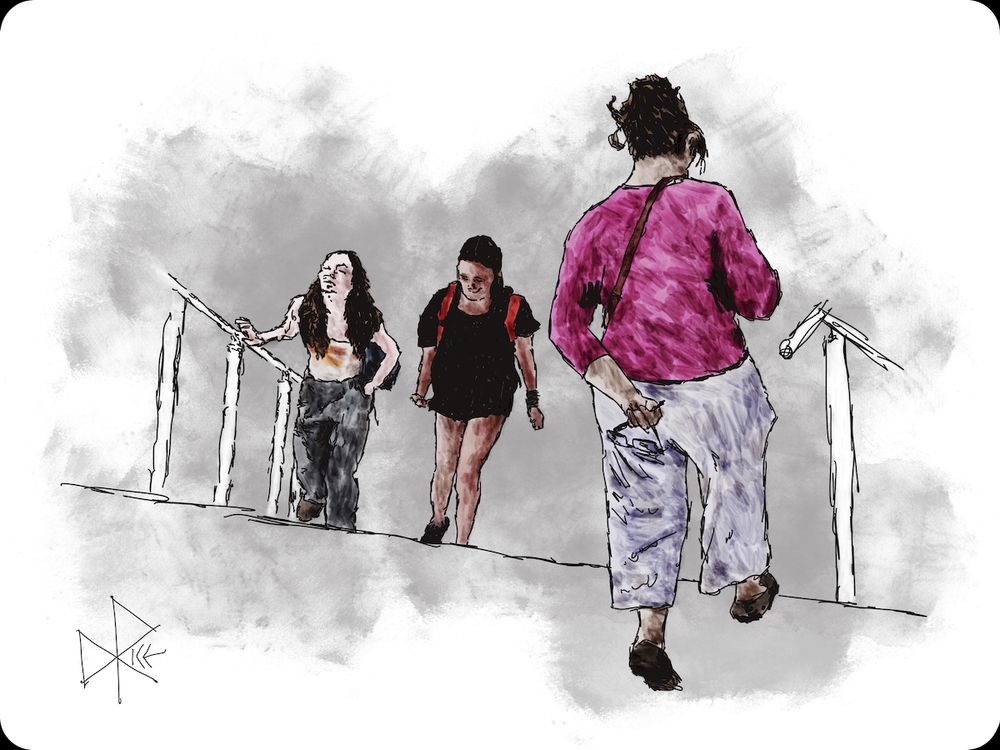Two young women walking up some steps as another woman prepares for her descent of them. Sketch art by Don Rice.