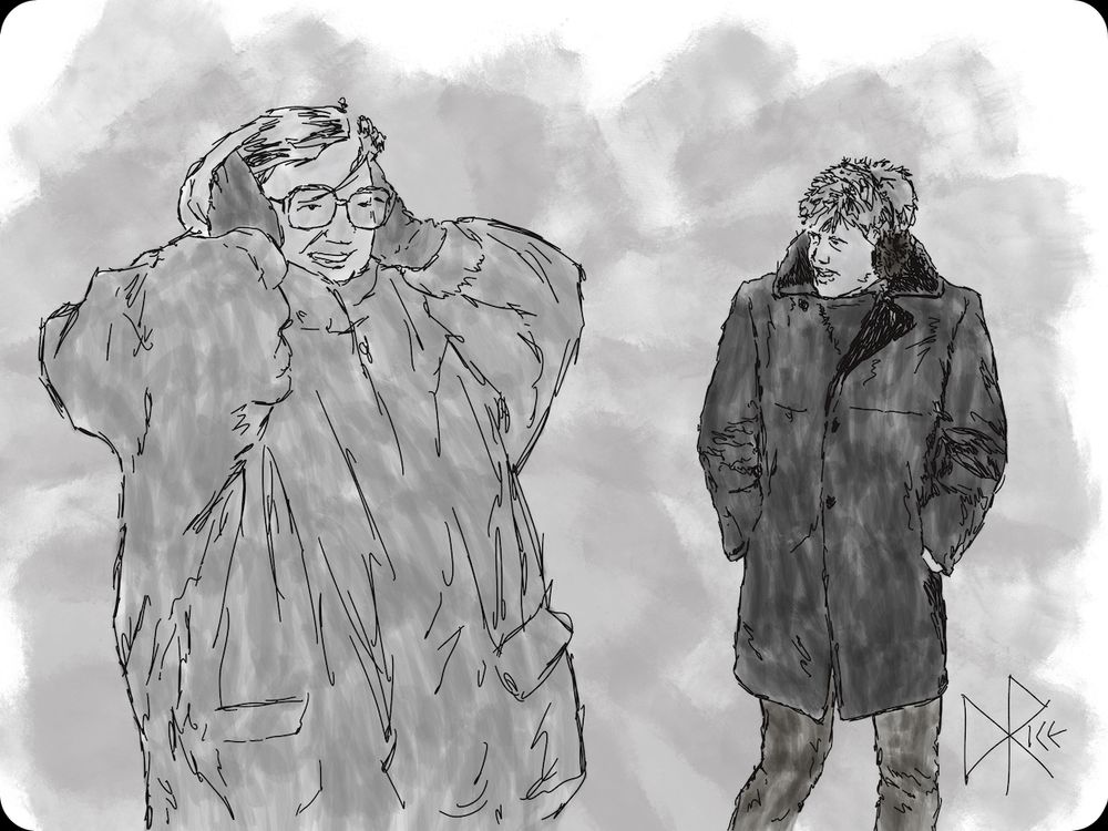 inktober · day three · ‘crown’
One Wishes for Earmuffs, Other Wishes for Mittens
Two people out in the depths of winter, not quite dressed appropriately. Sketch art by Don Rice.