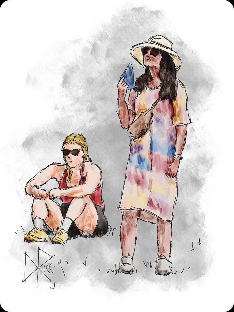 Two women watching a public performance at a park. One is seated on the grass as the other stands and waves a fan in front of her face in an attempt to cool down. Sketch art by Don Rice.