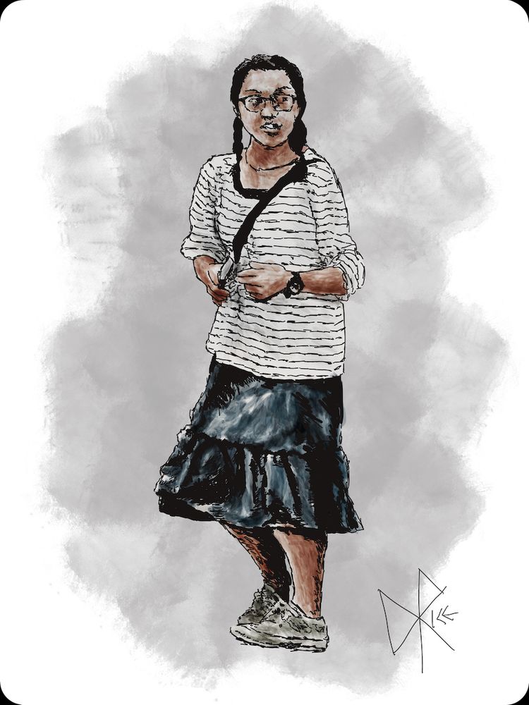 Teen Waiting for the Bus
#hardtostandstill #publictransitisimportant #ridethelearningcurve
A girl with glasses and her hair in pigtails waiting at a bus stop. Sketch art by Don Rice.