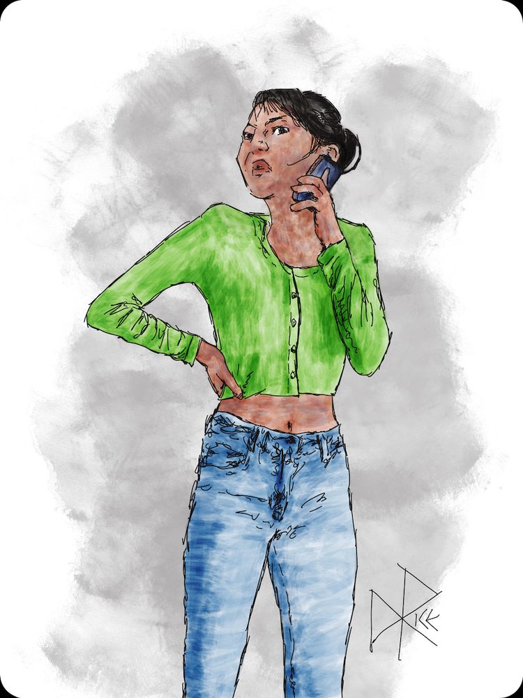 One Half of an Uncomfortable Conversation
#passionliesinallofus #observationandinquiry #welearnfromhardconversations
A woman stands while talking her phone, with her other hand firmly grasping her hip as she engages in a tense conversation with whoever is on the other end of the call. Sketch art by Don Rice.