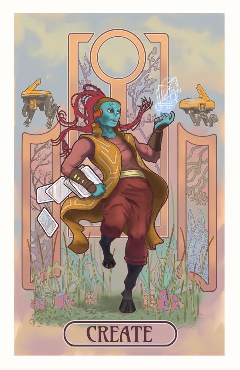 An earth caste Tau holding holographic diagrams with plants and two drones behind them. 