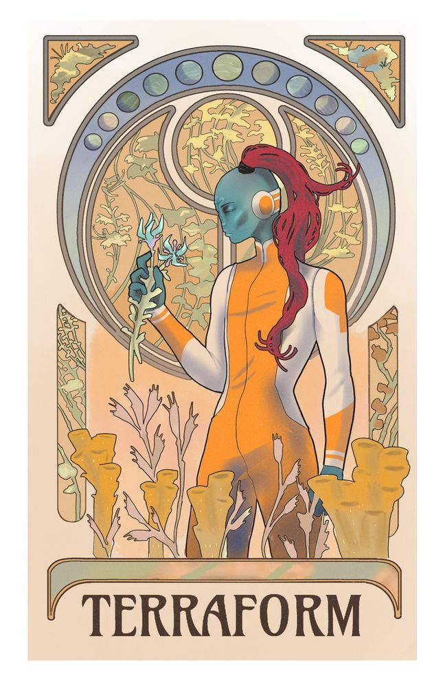 In the style of Art Nouveau, a Tau, from warhammer 40k, looks at an alien plant they hold. Text on the bottom says "terraform".