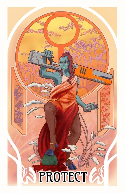 A Tau fire warrior holds a gun over her shoulder against a art nouveau background. The bottom text says 'Protect'.