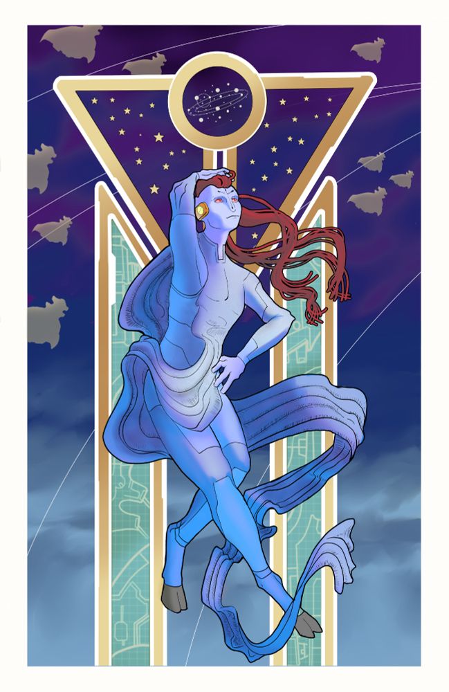 A tall air Caste tau floats in front of an art Nouveau background featuring ships and blueprints. They look up and towords space. 