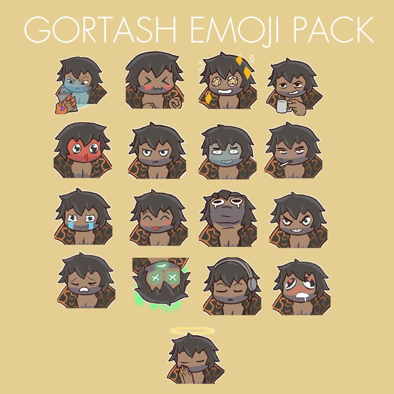 17 Gortash chibi emojies displayed in a spread with the text "Gortash emoji pack" across the top. 