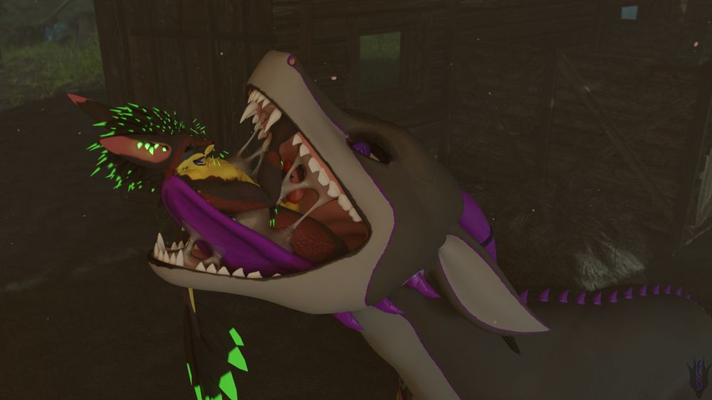 3d blender render of Zephyr the feral drake with another character in her mouth, being swallowed. 

#Feral #Vore #Saliva Dragon eating 