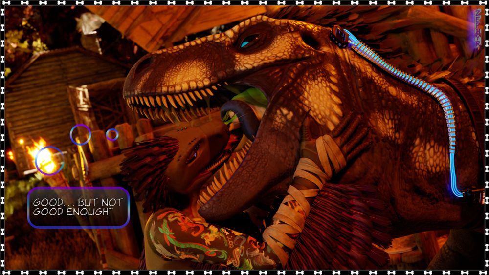 3D render page from the comic "Jurassic Peek" of ours featuring feral raptor eating a rexo while a anthro raptor kisses them on the way down.