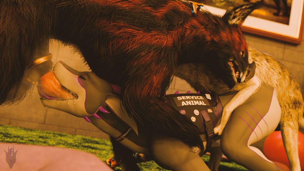 3D blender render of Zephyr being mounted orally and from behind by the kubrow and dog. The Knot of the kubrow is against her lips as she takes his cock in her throat. Zephyr is wearing a harness that says service animal.
 #Nsfw #NsfwFurryArt #Feral #FeralNSFW #CommissionsOpen