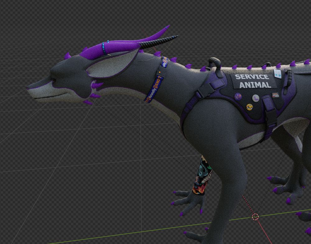 3d dev render in blender of Zephyr the Drake wearing the Auntie Annes Naturally Knotty collar that is a furry meme right now