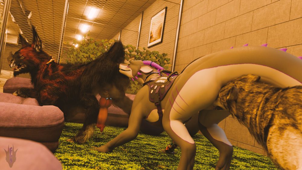 3D render of zephyr sniffing the ass of the kubrow while a dog takes in her scent. They are all in a dog kennel.  #Nsfw #NsfwFurryArt #Feral #FeralNSFW #CommissionsOpen