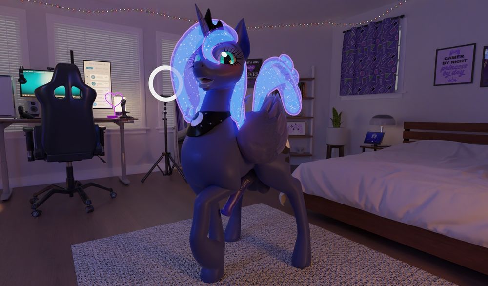 A 3d render of Princess Luna in a room. She is blushing while showing you the horsecock between her legs. 