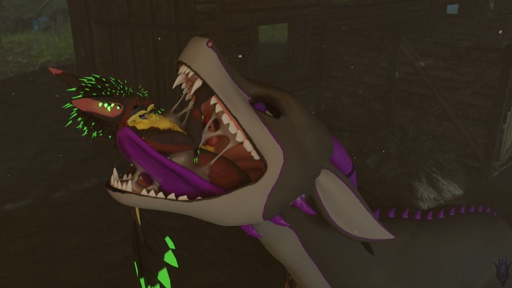 3D vore render of anrax sliding down zephyrs wet maw. 