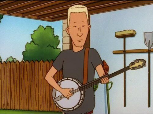 Boomhauer from King of the Hill, prepping to play a banjo