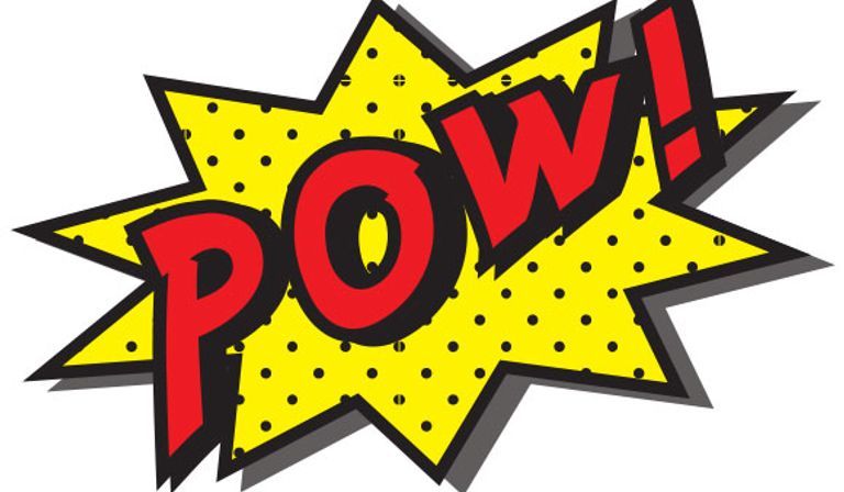 POW! in a comicbooky font, colored red with a thick outline and drop shadow. A similarly outlined yellow 9-point star with black dots spaced out sits behind it, emulating vintage comic styling. 