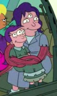 Leela's grandmother as a child, and her great grandmother. Aside from the normal genetic traits passed down like hair color, they also share a 3-eyed face and tentacle arms, which implies a genetic mutation. 