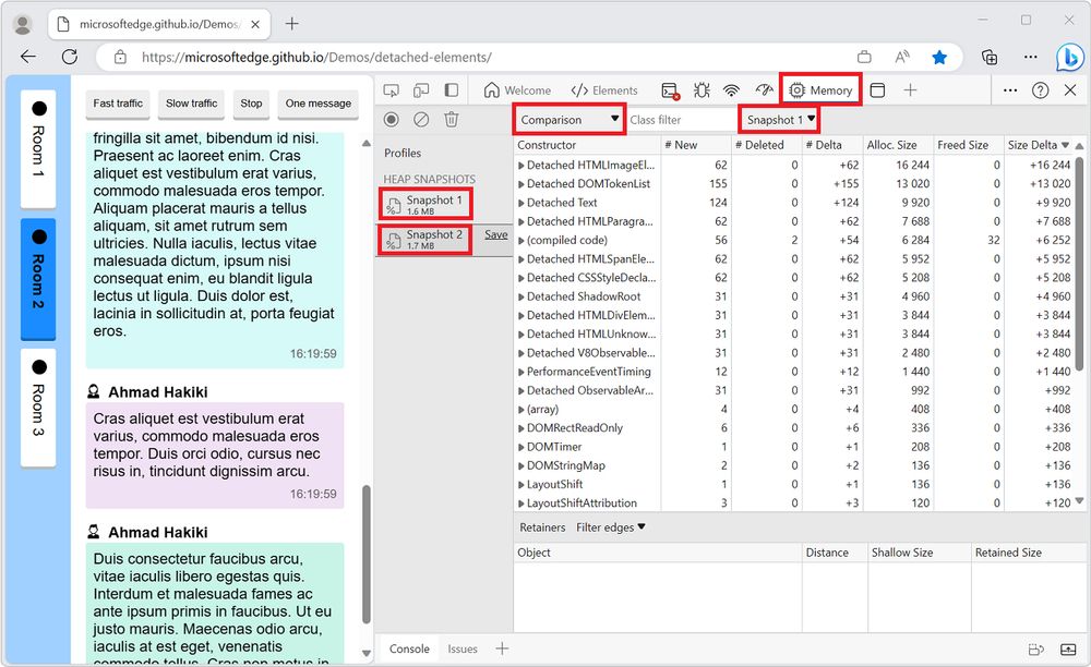 Microsoft Edge, with a demo webpage, and DevTools on the side with the Memory tool showing 2 snapshots have been recorded