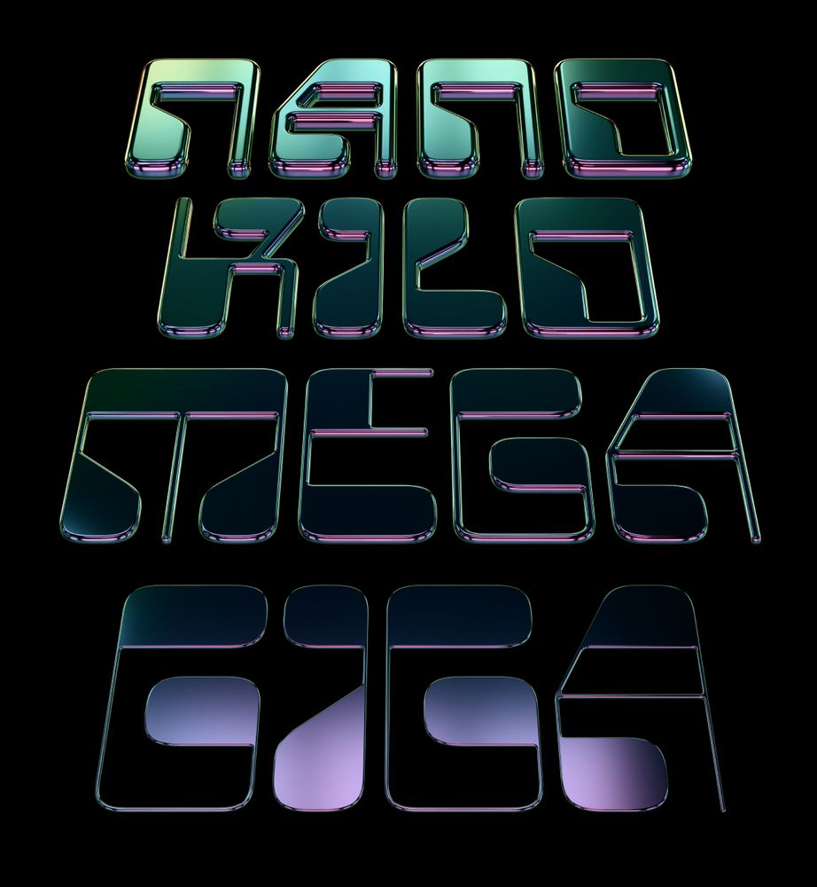 3D render highlighting the four optical sizes (Nano, Kilo, Mega & Giga) of MD Polychrome, my tribute to 1960s ‘digital-style’ typefaces.