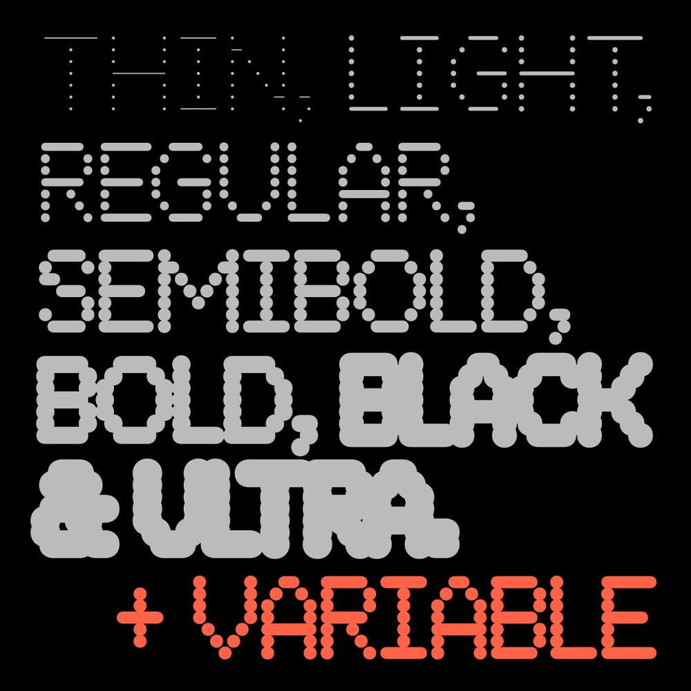 List of the available weights in MD Thermochrome (Thin, Light, Regular, Semibold, Bold, Black & Ultra, plus a variable font version), with each word set in its respective weight.