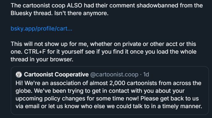 They shadowbanned the Cartoonist Cooperative's comment.