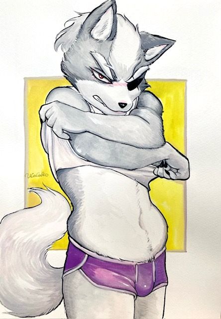 A well-sketched and coloured drawing of Wolf O'Donnell, changing clothing, and looking embarrassed. He's a bit pudgy in the pic.