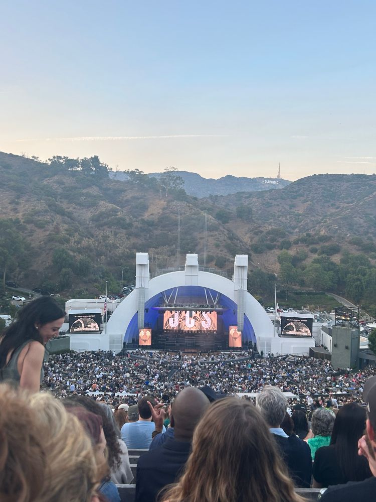 Photo of the Hollywood Bowl at dusk from up in the cheap seats. 