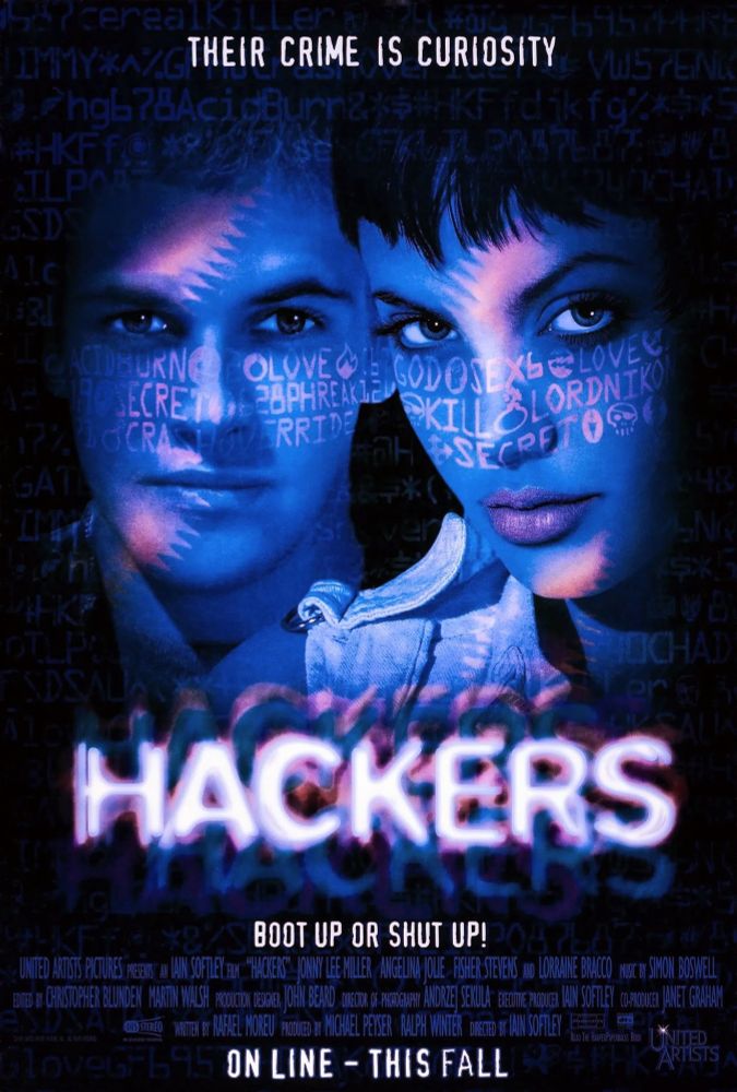Poster for the 1995 film "Hackers" with Jonny Lee Miller and Angelina Jolie.
