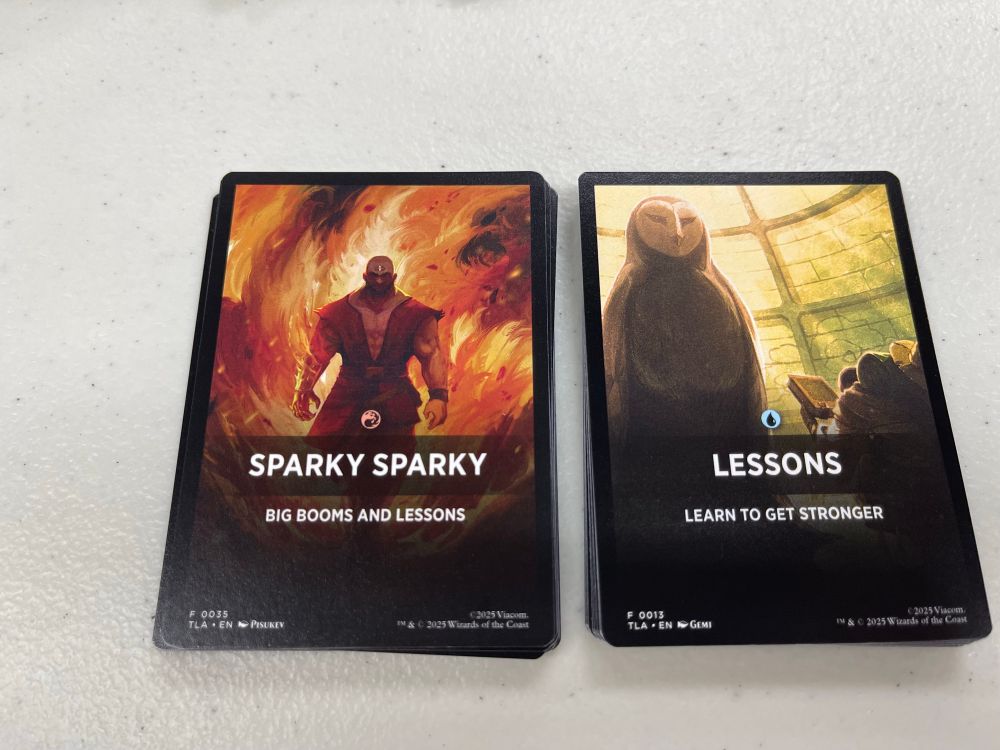 Lessons deck (Wan Shi Tong Art) from Avatar the Last Airbender Magic the Gathering jumpstart pack. Sparky Sparky Big Booms and Lessons deck from Avatar the Last Airbender Magic the Gathering jumpstart pack.