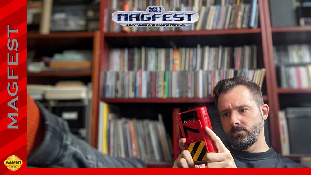 Promo image of li'l ol me playing Game Boy at home, tastefully bordered with MAGFest branding