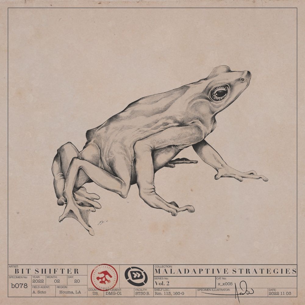 Cover artwork for the Bit Shifter release Maladaptive Strategies Vol. 2, depicting a specimen illustration of a five-legged frog. Illustration by Andi Soto.