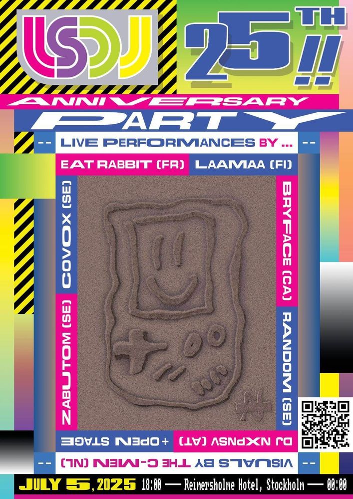 Flier / poster art (by Nullsleep) for the Little Sound DJ 25th anniversary party event that took place at Reimersholme Hotel in Stockholm Sweden on July 5th.