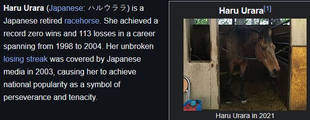 a screen capture from wikipedia showing the retired racehorse haru urara, and specifically detailing her losing streak of 113 losses to zero wins. despite this the horse has immense popularity, and has become a symbol of perseverance and tenacity