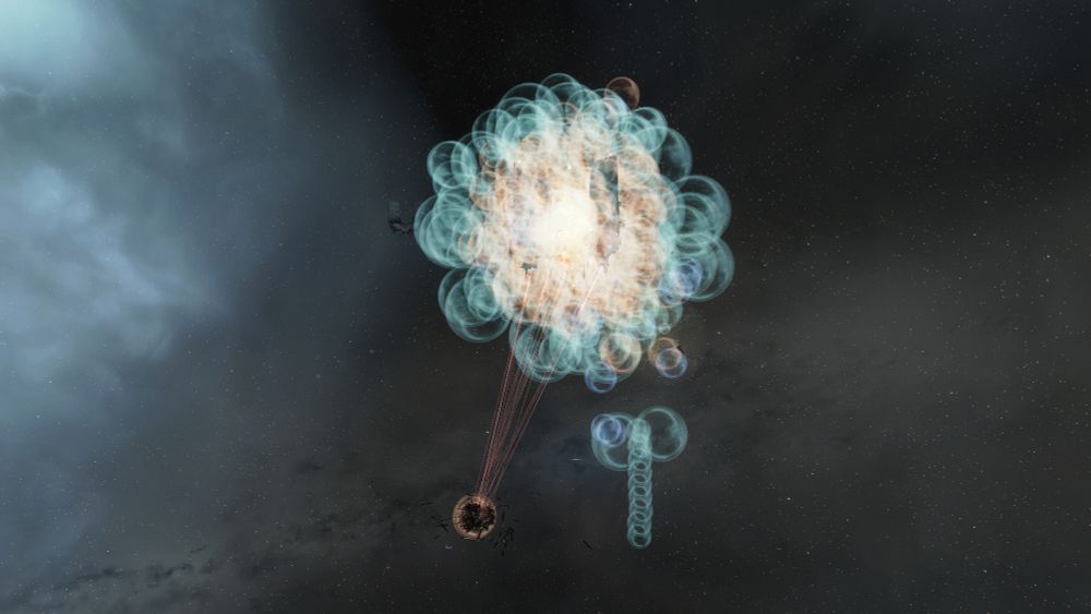 pandemic horde's home keepstar (largest available player-built and run space station), completely covered in warp disruption bubbles as a fleet of supercapitals shoot it (there are also sub-capital ships shooting it but they're obscured by all the bubbles). a bunch of bubbles in the shape of a dong is just off to the bottom right
