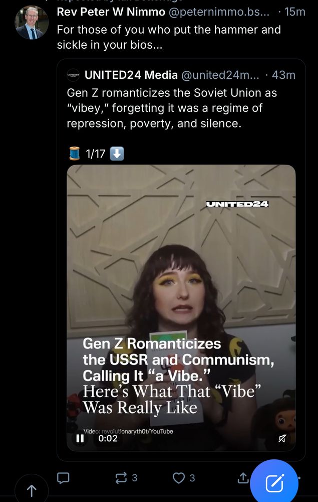 Post by some guy called peter nimmo:
For those of you who put the hammer and sickle in your bio
Quoting a video by some account called united24 media whinging ‘gen z romanticises the Soviet Union as ‘vibey’, forgetting it was a regime of repression, poverty, and silence’