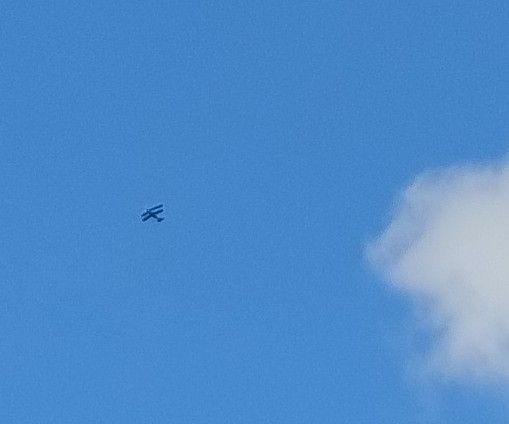 A small biplane in a blue sky flying up and away from a fluffy white cloud on the right.