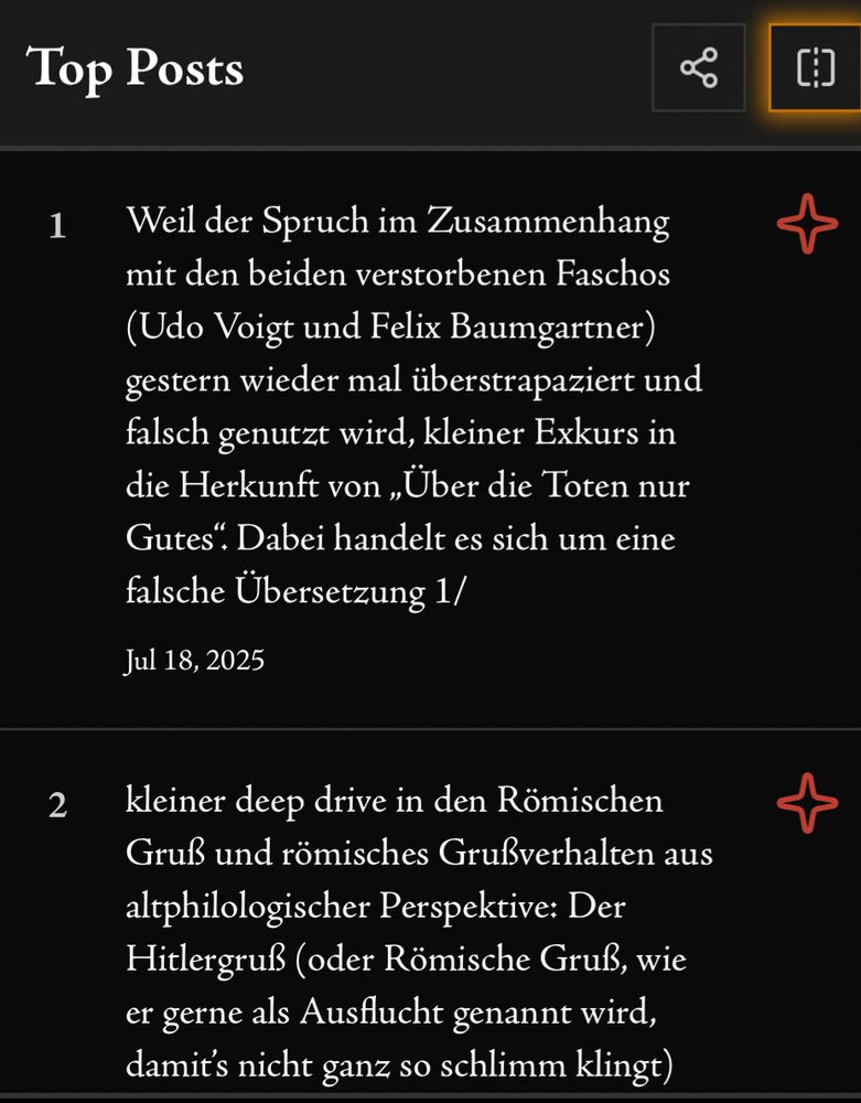 Top Posts
们］
1
Weil der Spruch im Zusammenhang mit den beiden verstorbenen Faschos (Udo Voigt und Felix Baumgartner) gestern wieder mal überstrapaziert und falsch genutzt wird, kleiner Exkurs in die Herkunft von „Über die Toten nur Gutes". Dabei handelt es sich um eine falsche Übersetzung 1/ Jul 18, 2025
2
kleiner deep drive in den Römischen Gruß und römisches Grußverhalten aus altphilologischer Perspektive: Der Hitlergruß (oder Römische Gruß, wie

er gerne als Ausflucht genannt wird, damit's nicht ganz so schlimm klingt)