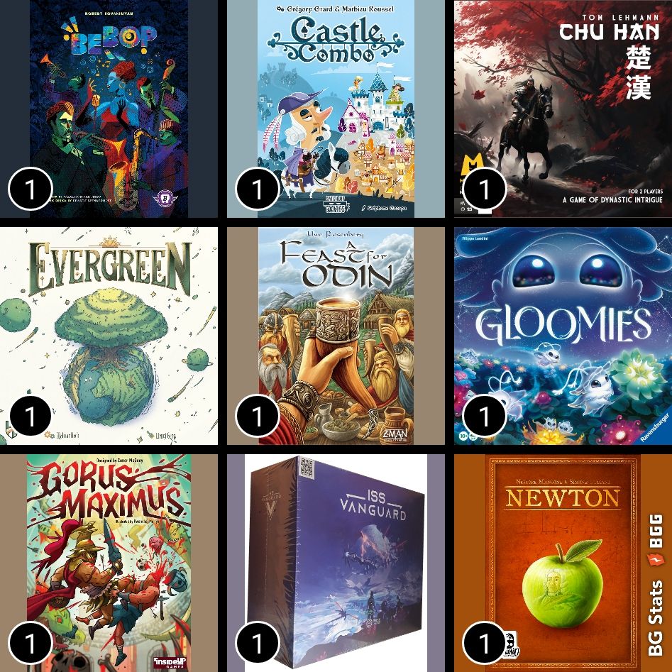 Bebop [7] Castle Combo [9] Chu Han [6] Evergreen [7.5] A Feast for Odin [9] Gloomies [8] Gorus Maximus [9] ISS Vanguard [9] Newton [7]