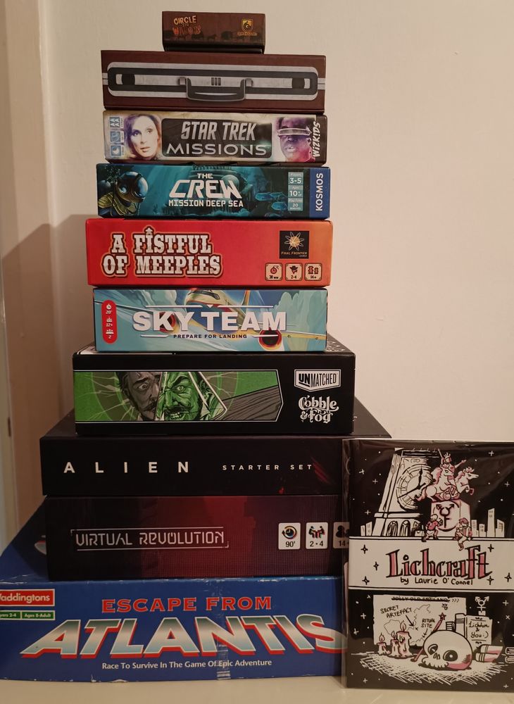 Circle the Wagons, Fugitive, Star Trek: Missions, The Crew: Mission Deep Sea, A Fistful of Meeples, Sky Team, Unmatched: Cobble & Fog, Alien RPG Starter Set, Virtual Revolution, Escape from Atlantis, Lichcraft RPG.