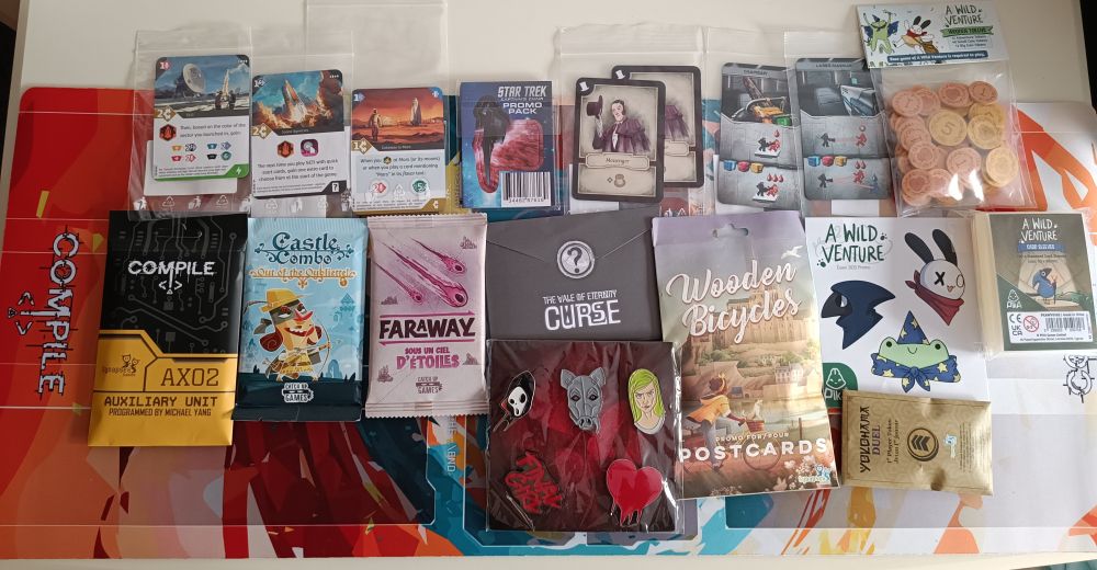 SETI: Space Agencies - Space Agencies promo
SETI - Gateway to Mars promo
SETI - DLR promo
Star Trek: Captain's Chair - Promo Pack
Last Will: Messenger promo
Adrenaline: Laser-Magnum promo
Adrenaline: Chainsaw promo
Wooden pieces for A Wild Venture
A Wild Venture sticker pack
Compile: Aux 2
Castle Combo: Out of the Oubliette!
Faraway: Under a Starry Sky
The Vale of Eternity - Kang San
Final Girl pin collection
Postcards - Wooden Bicycles
Yokohama Duel - wooden first player token