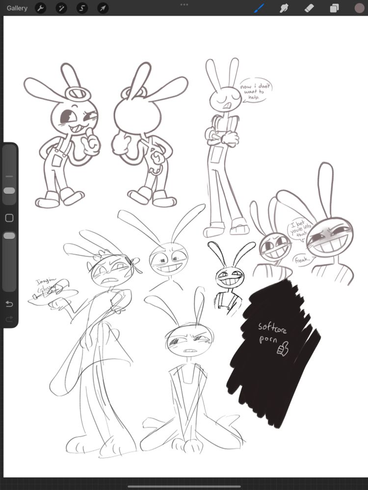 a screenshot of a procreate canvas filled with several small images of jax from the amazing digital circus.
top left is a keychain design sketch of jax with a halo, his backside shows him hiding a devil tail.

sorry, alt text is under wip, i will finish it soon👍