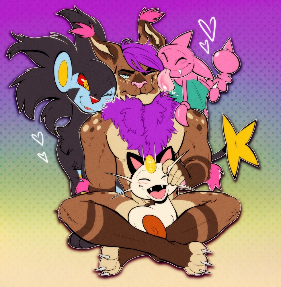 Strobes looking disgruntled while a Luxray nuzzles him from behind, a Gligar licks his face, and a Meowth sits in his lap, happily accepting pets.