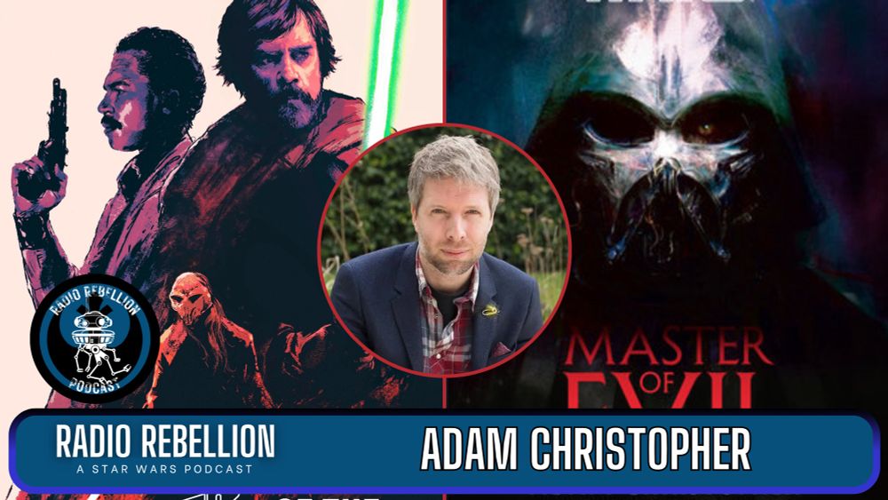 Covers for Shadow of the Sith (on the left featuring Luke Skywalker and Lando Calrissian) and Master of Evil (on the right with Darth Vader). A picture of the author on the center.