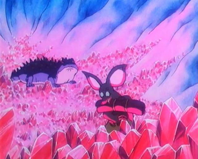 Nipsu from the Moomins marveling at the sea of amethysts he found in a cave, with a big lizard looming behind him.