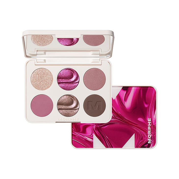 A six-color Morphe palette, with a sparkly champagne color, a shimmery metallic magenta, an old rose with a tiny bit of shimmer, a matte cool dusty pink, a shimmery metallic cool brown and a matte cool brown. The packaging has a big M in hot pink/magenta.