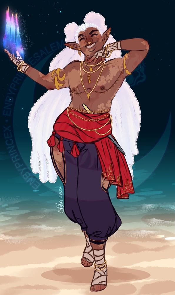 A grinning brown skinned elf with patches of vitiligo on their skin. They have waist length white hair. They're shirtless with their top surgery scars visible and wearing a red sash with dark pants.
