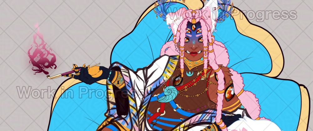 A flat colored piece of a pink wolf vtuber sitting on a blue petal cushion. They are looking at the viewer and holding a pipe letting off rose red smoke. 