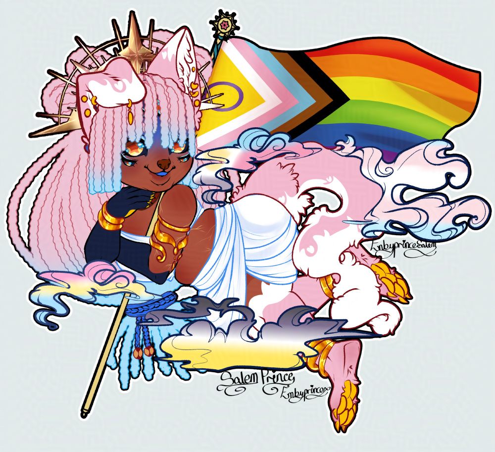 A floating chibi of a dark skinned, pink haired wolf vtuber. They're wearing a white wrap dress and holding the intersex inclusive progress pride flag. The clouds around them are colored in shades of the pansexual flag, nonbinary flag, polyamorous flag and transflag.