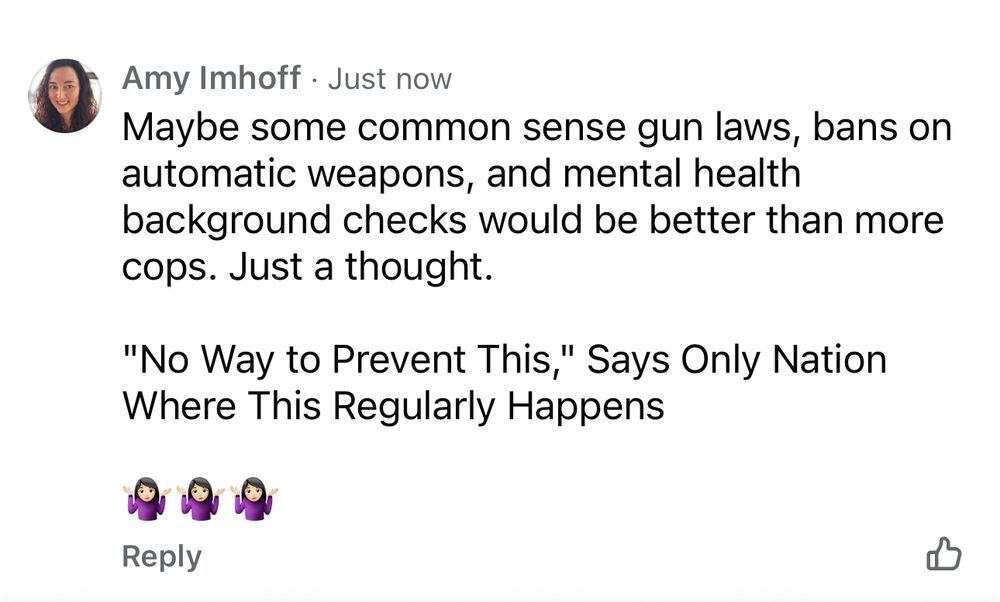Amy Imhoff replies: Maybe some common sense gun laws, bans on automatic weapons, and mental health background checks would be better than more cops. Just a thought. 